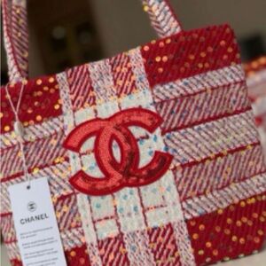 Chanel Red and White Sequin Tote